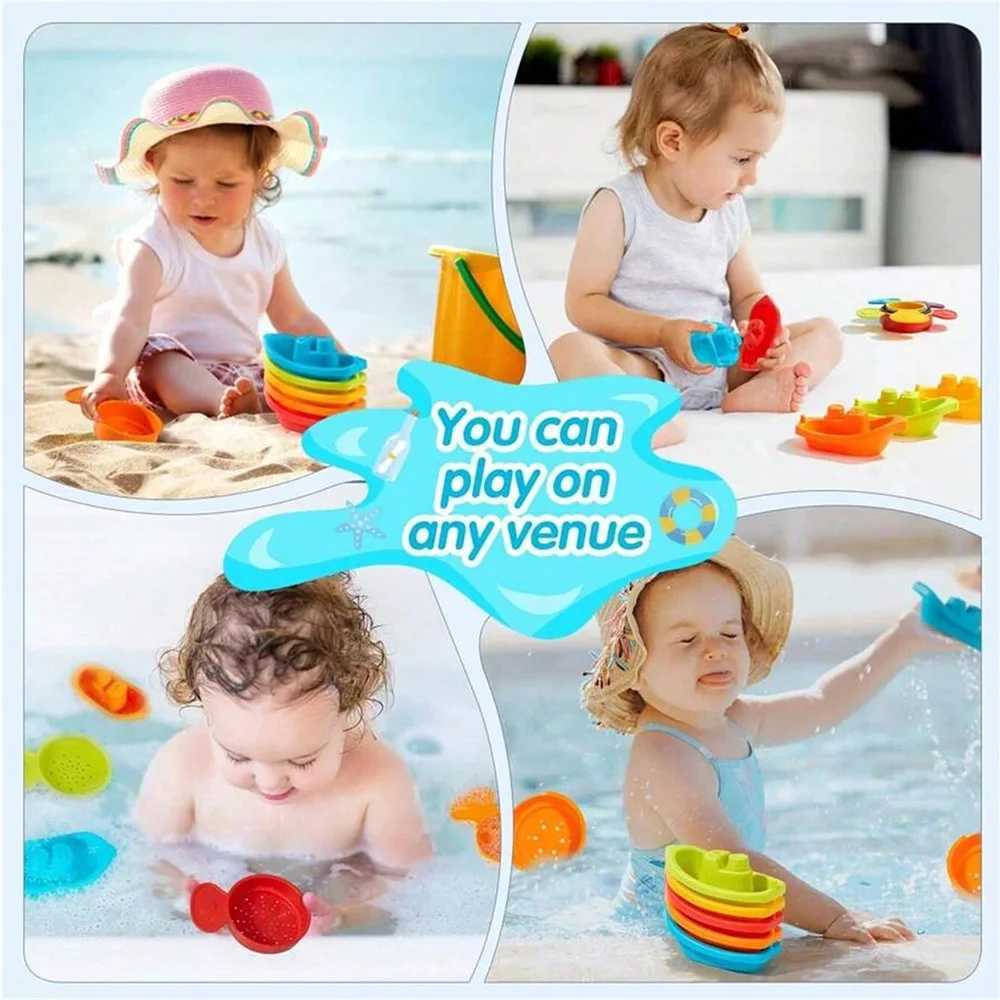Baby Bath Toys Stacking Boat Spoons Toys Early Education Intelligence Gift Rainbow Color Stacked Cup Folding Tower Baby Toy J251023