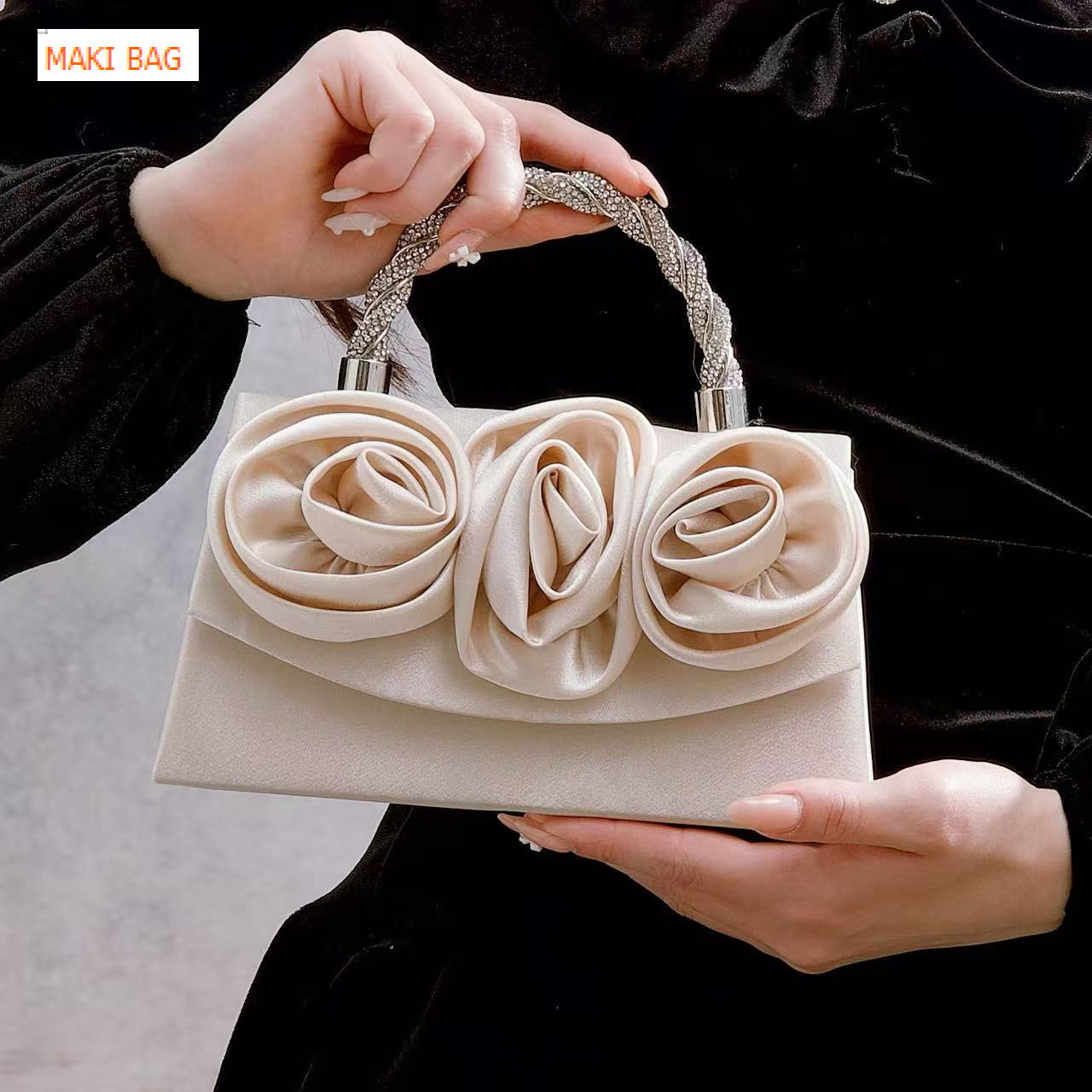 New Diamond Set Handbag, Satin Flower Fashion Party Evening Bag, Banquet Bag, Crossbody Bag, Banquet Bag, Designer Bag, Luxury Bag