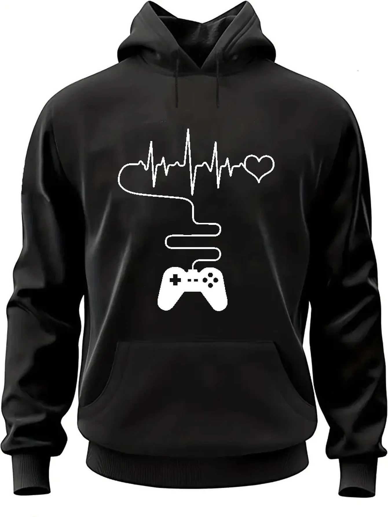 Mens autumn and winter casual fashion loose gamepad print long sleeved hooded sweatshirt warm sports pulloverT251023