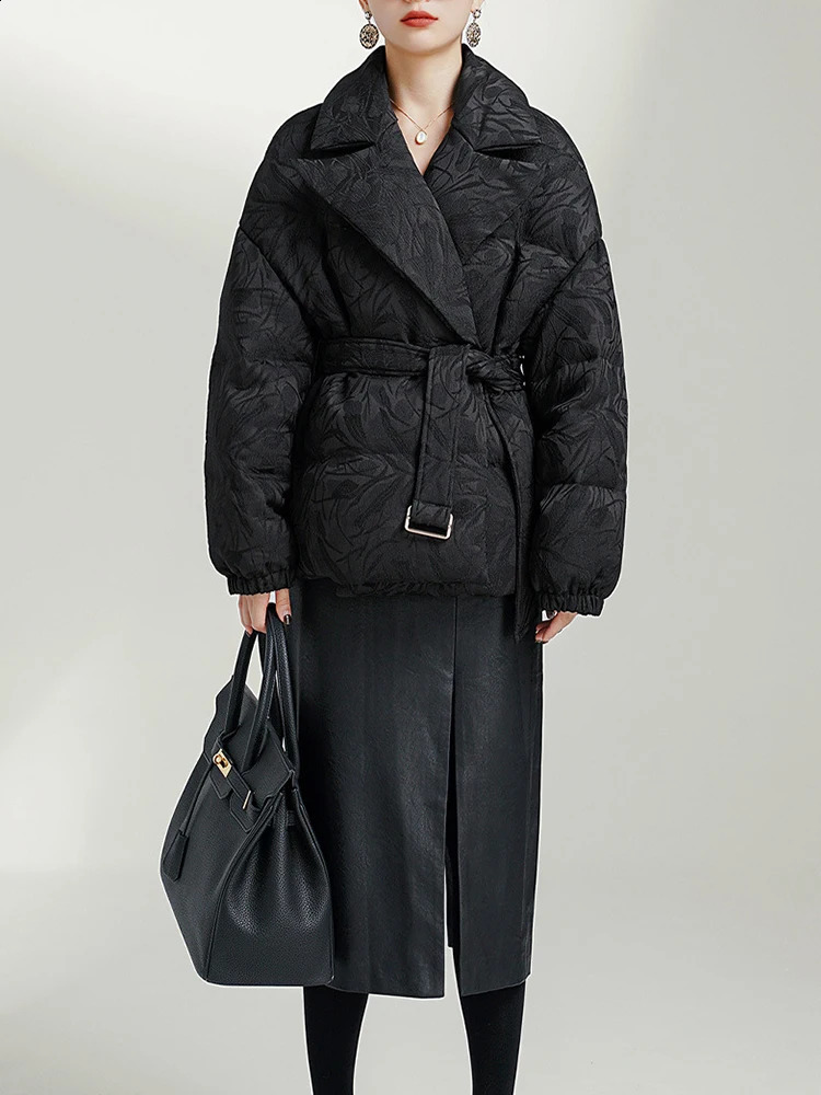 Mueyaruho Winter Women High Level 90 Goose Down Jacket Parkas Jacquard Solid Black Long Sleeve Warm Puffer Coat For 251022