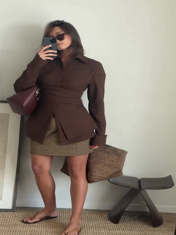 Elegant Office Womens Shirts Solid Laple Waist Cinching Full Sleeve Female Shirt 2025 Spring Fashion Lady Wears 251022