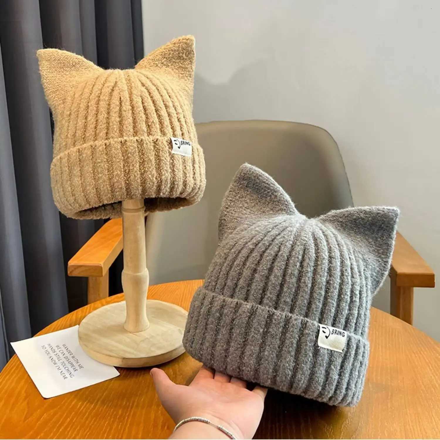 Women Winter Knit Hat Adorable Cat Ear Japanese Korean Style Fashion Cute Hip Hop Warm Beanie Versatile Outdoor Skull CapXJ251023