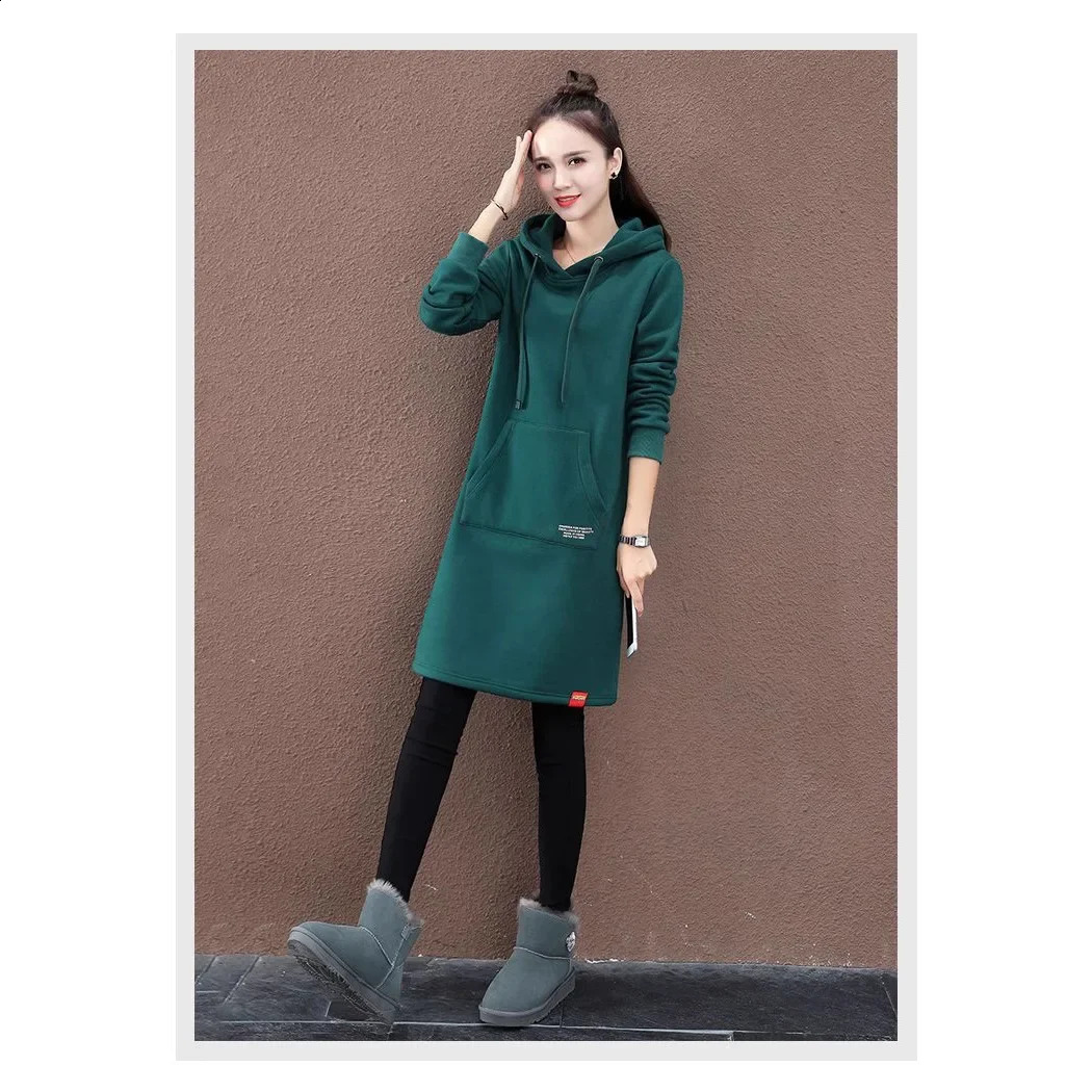 Womens Thickened Fleece Hoodie Loose Long Sleeve KneeLength Dress Polyester Fiber Winter Fashion Outerwear Casual Streetwear 251022