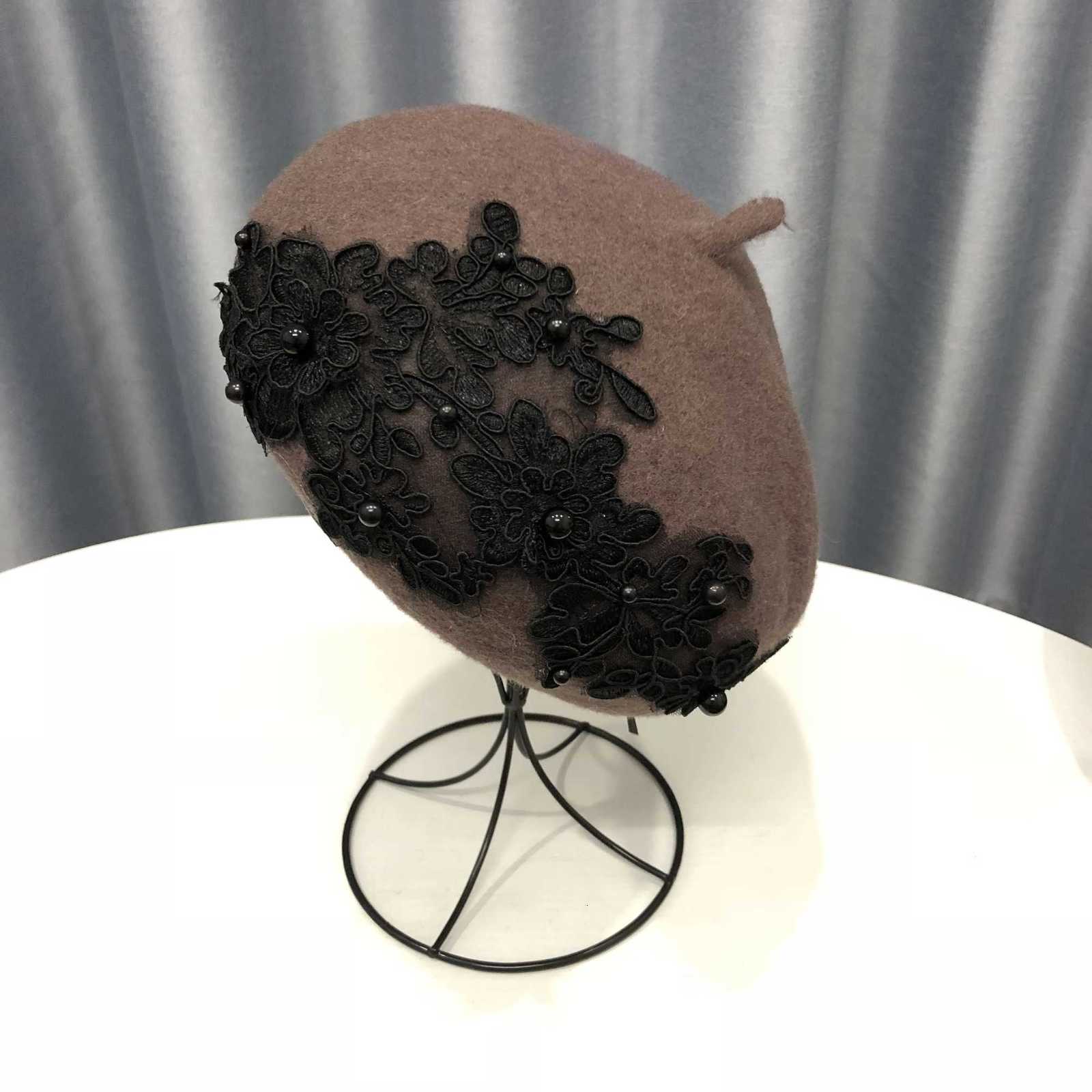 VISROVER winter wool beret with lace and pearls fa wool winter autumn spring hat solid color top quality Wen BoinaW251023