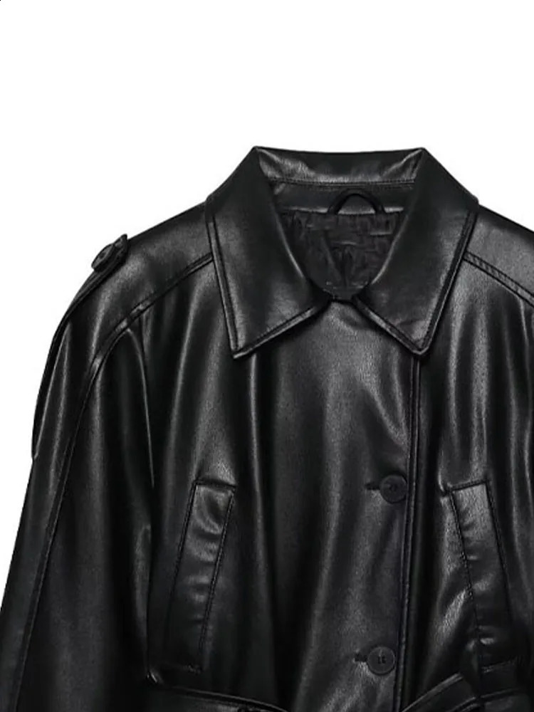 DiYiG WOMAN Autumn Fashion Leather Effect Jacket Retro Long Sleeve Joker Belt Outerwear Mujer 251017