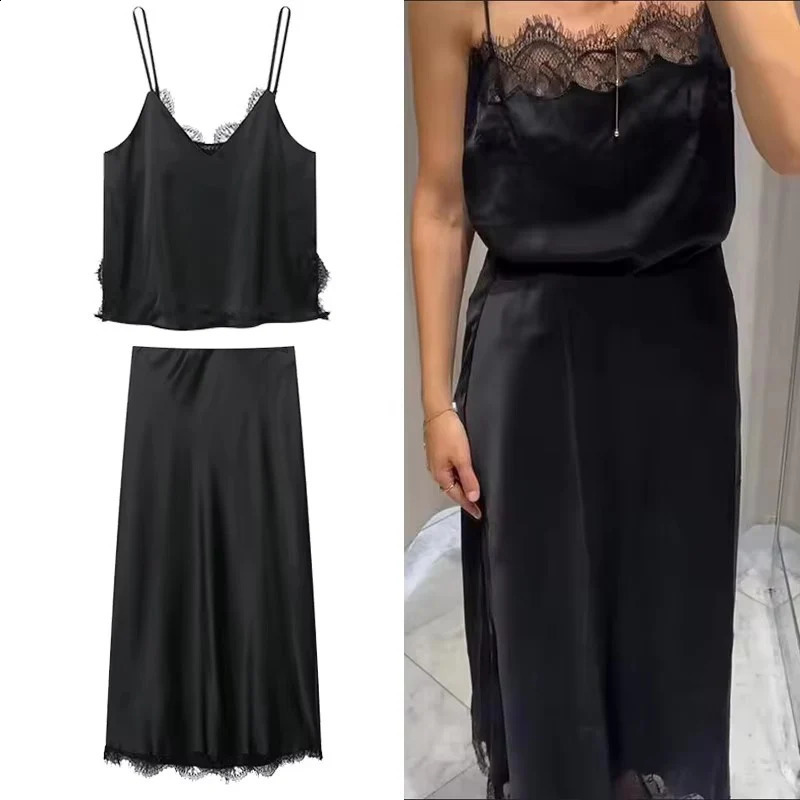 Lace Satin Midi Skirts Two Piece Sets For Women 2025 Chic Sling Top Suits Elegant Summer Woman Outfits 251016