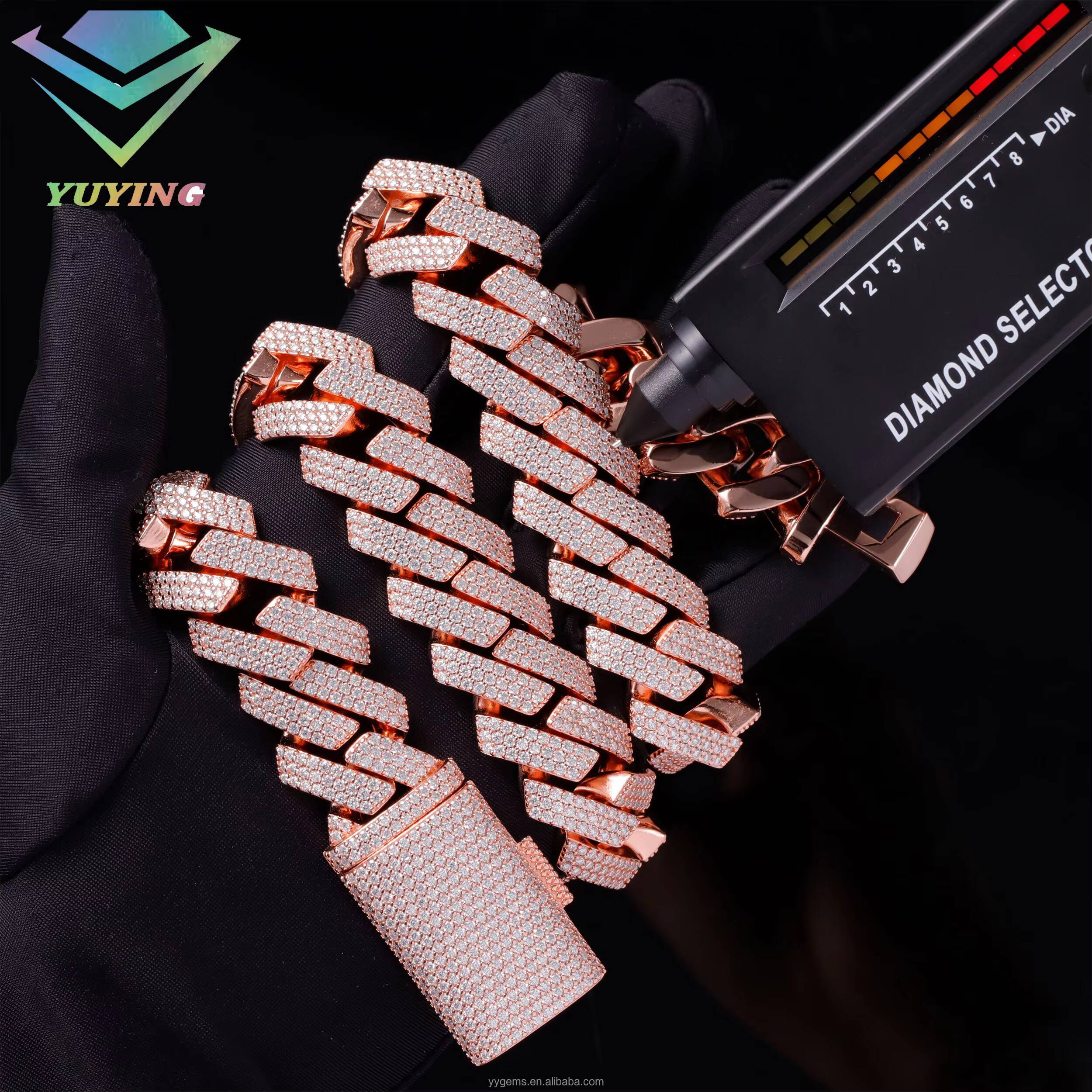 20mm Rose Gold 3rows Cuban Chain S925 Silver Gold Plated Cuban Chain Iced Out Moissanite Hip Hop Link Chains
