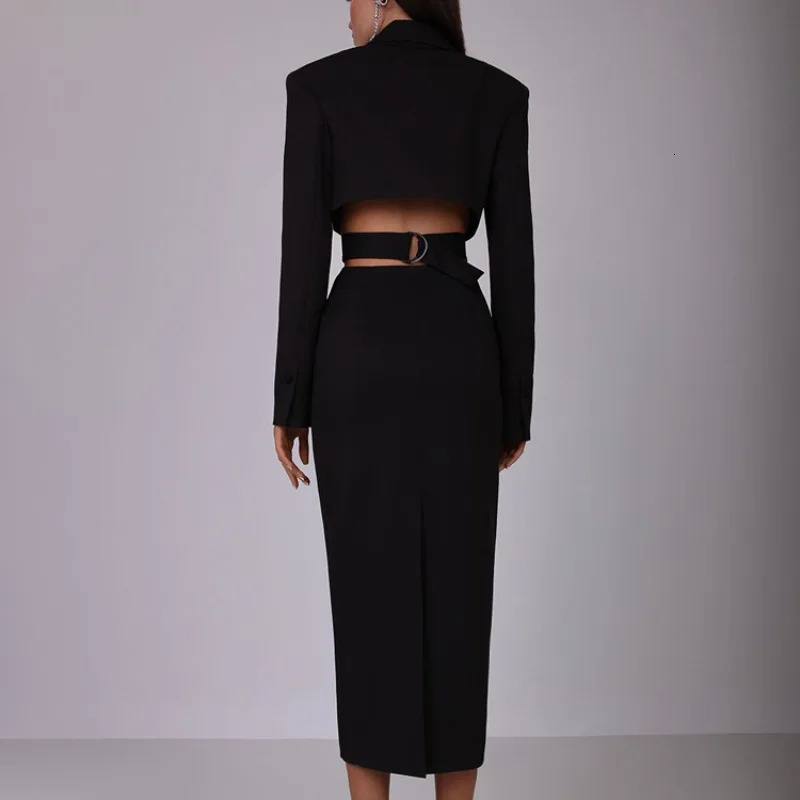 Elegant Women Blazer Bodycon Dress Y2K Office Lady Sexy Long Sleeve Lapel Hollow Out Corset Button Long Dress Celebrity Outfits 251020