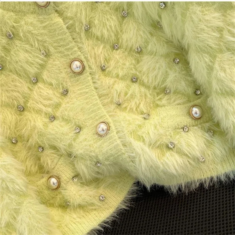 Fashion Bead Mink Sweater Women Knitted Cardigan Autumn Winter Long Sleeve Short Loose knitwear Female Tops W727 251023