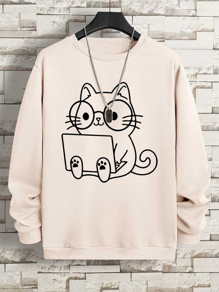 Gentleman Cat At Work Print Man Sweatshirt Hip Hop Loose Hoodie Autumn New Hoody Fashion Streetwear Pullover ONeck MenswearT251023