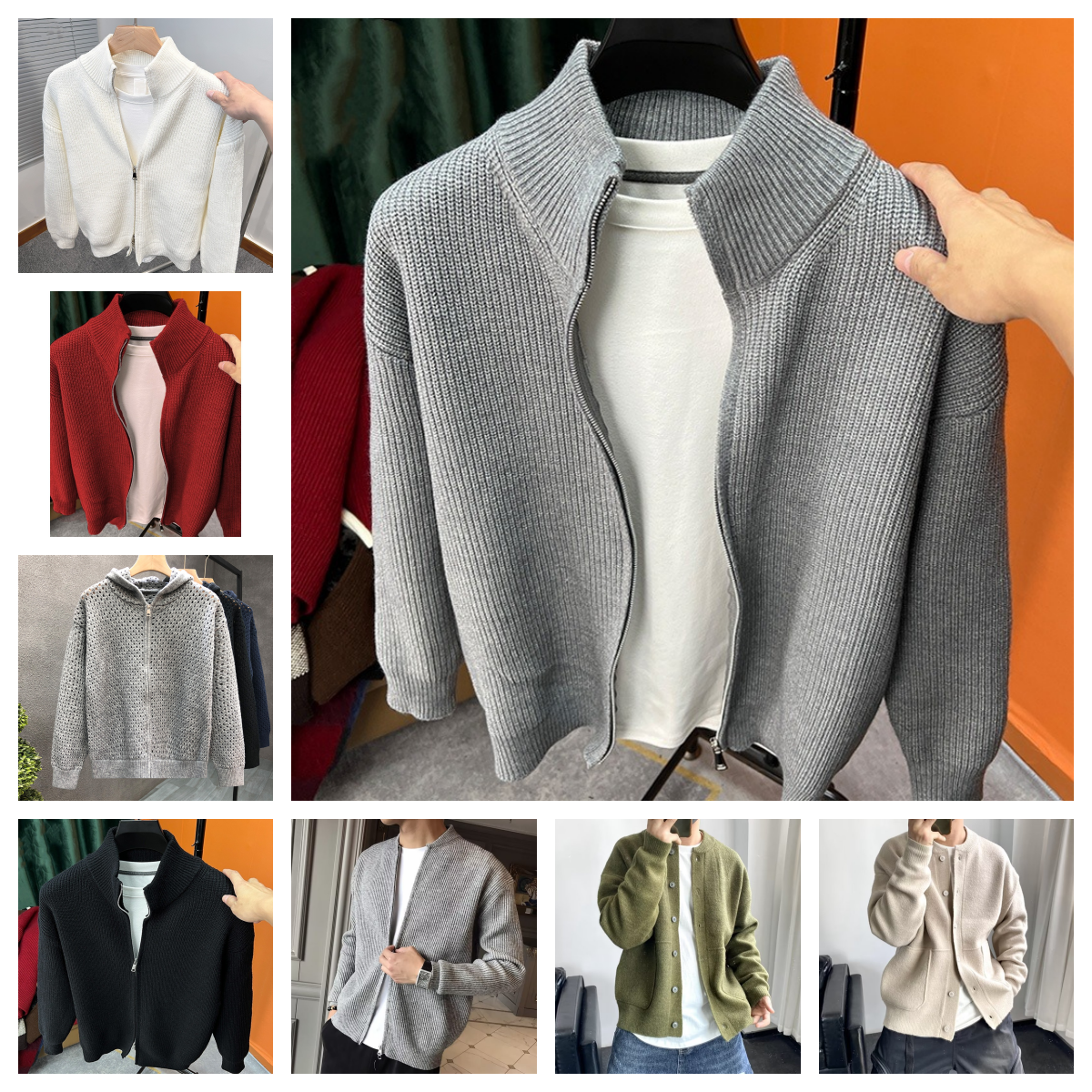 Men's Sweaters Casual Cardigan Sweater Loose-Fit Vintage Style Double Zippered Hollowed-out Hooded And Stand-up Collar Knitted For Spring And Autumn Outerwear Idle