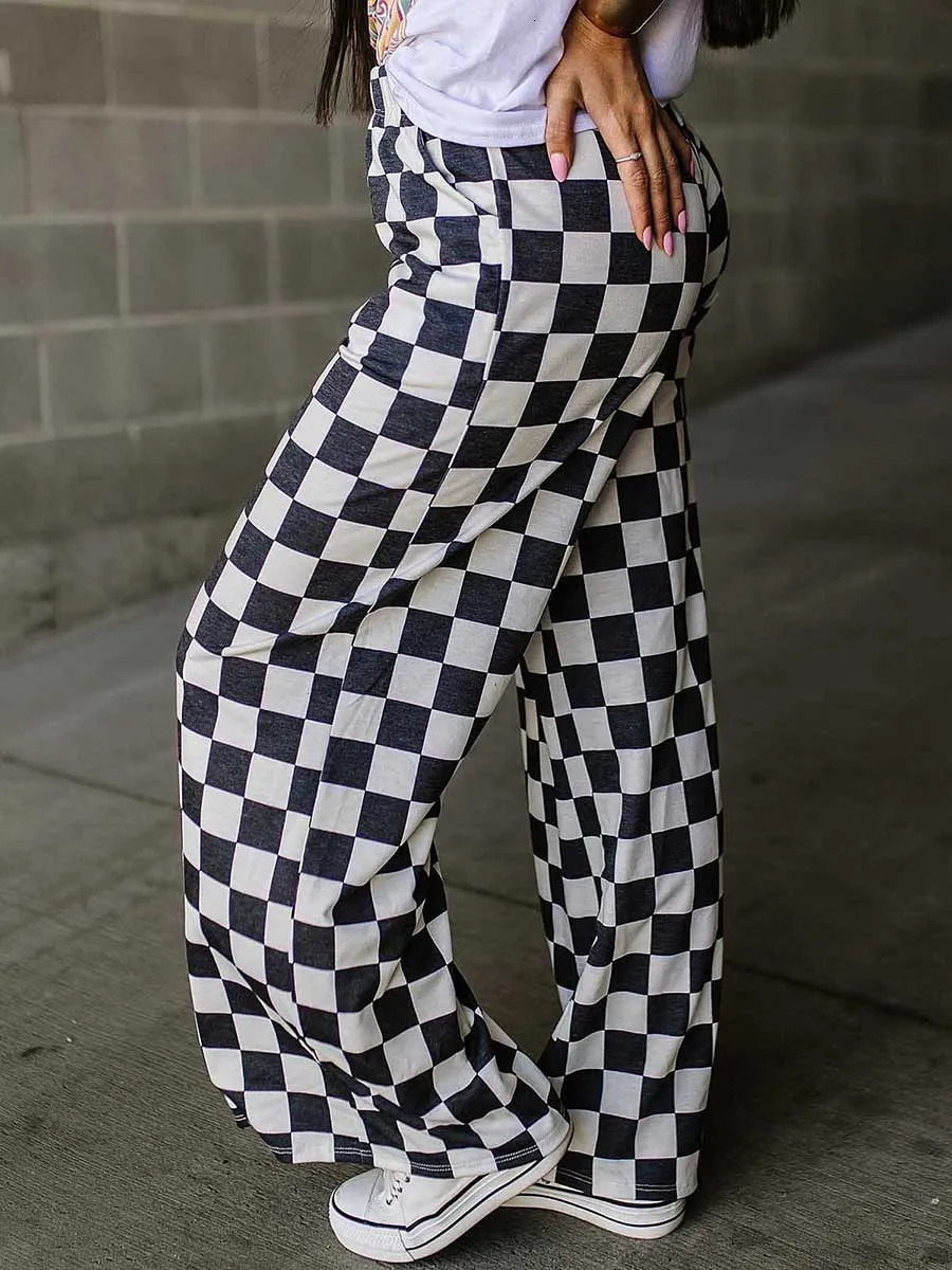 Womens Checkered Wide Leg Pants High Elastic Waisted Straight Loose Fitted LoungeTrouser Y2k Korean Streetwear 251016