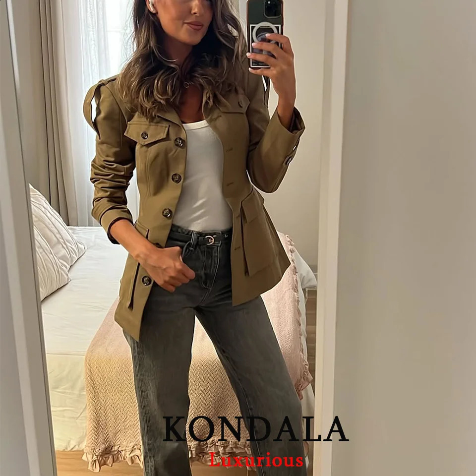 KONDALA Office Lady Trench Jackets Women Long Sleeve Buttons Pockets Chic Khaki Coats Fashion Slim Straight Fall Outwears 251013