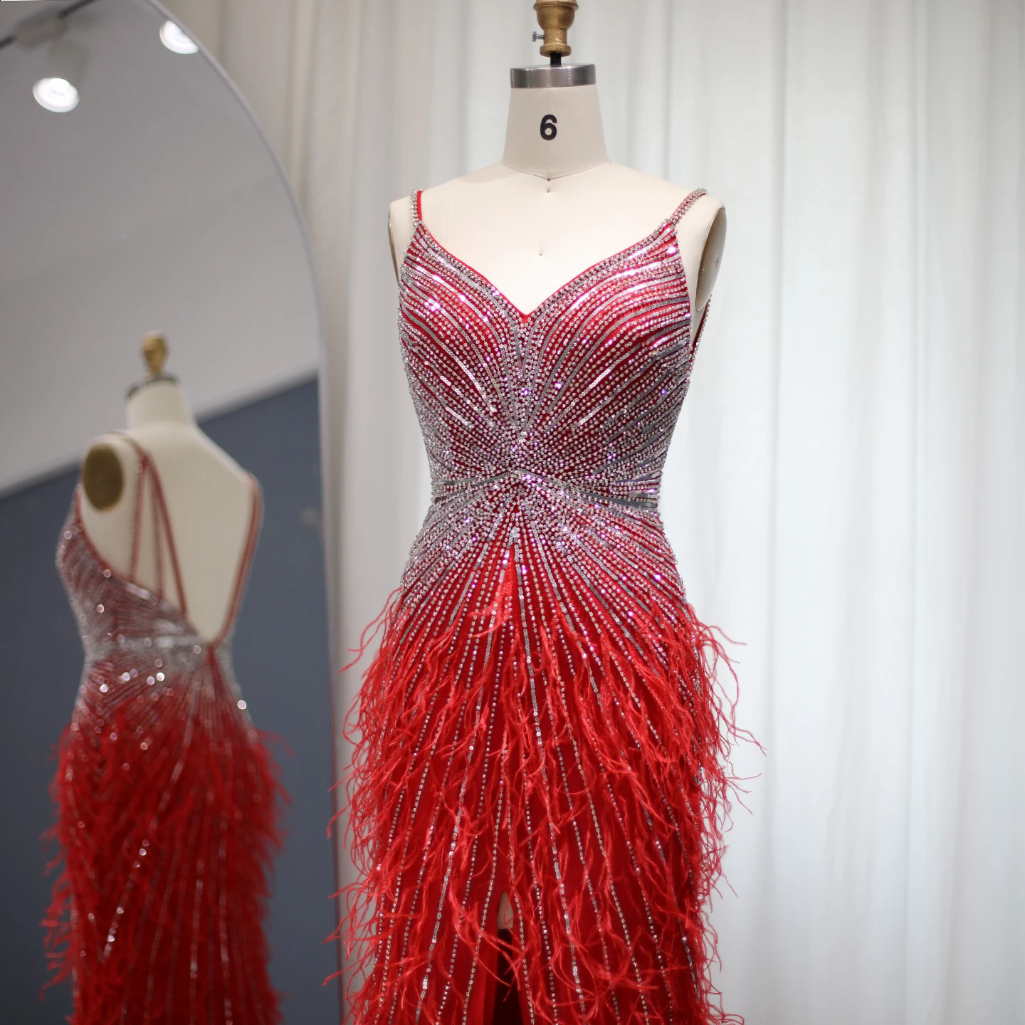 Sharon Said Beaded Blue Feather Prom Dress Sexy Spaghetti Straps Backless Rose Pink Evening Dress Arabic SS004 Customized 251020