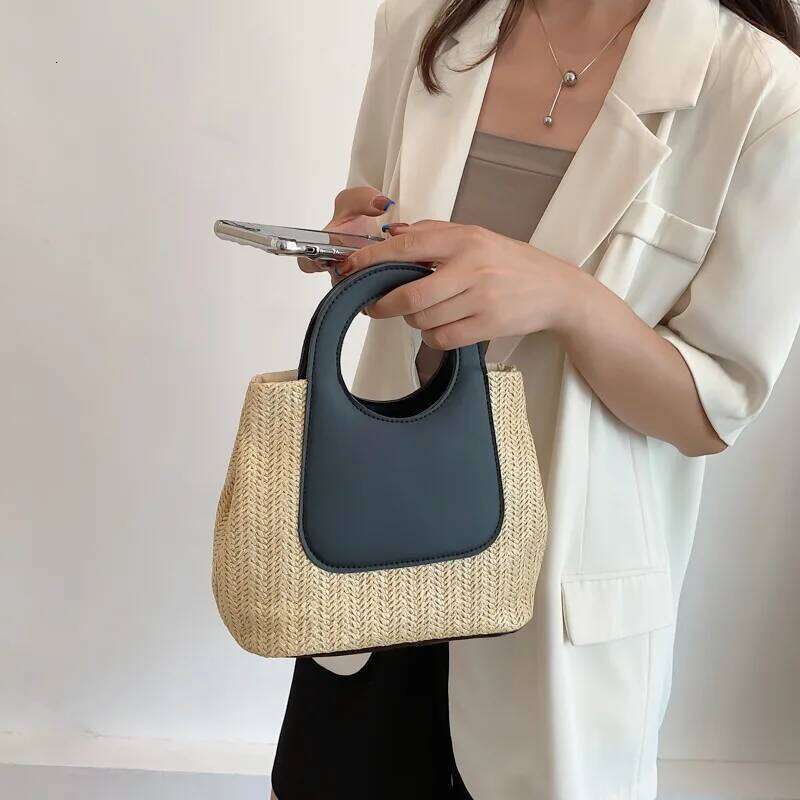 Summer Retro Clashing Color Splicing Straw Large Capacity Handmade Woven Bag Fashion Shoulder Handbag
