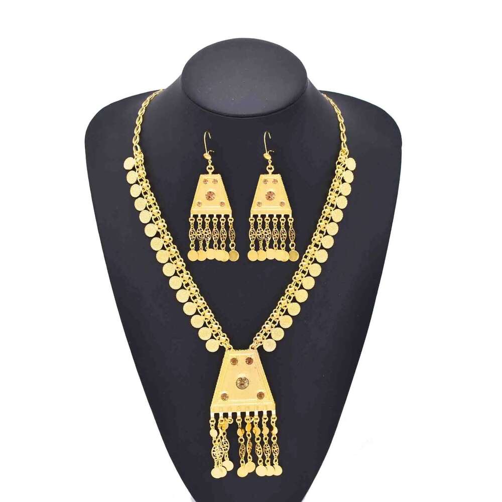 Arab Ethnic Golden Coins Crystal Geometric Moon Pendant Necklace Earrings For Women Vintage Afghan Kurdish Statement Jewelry Set