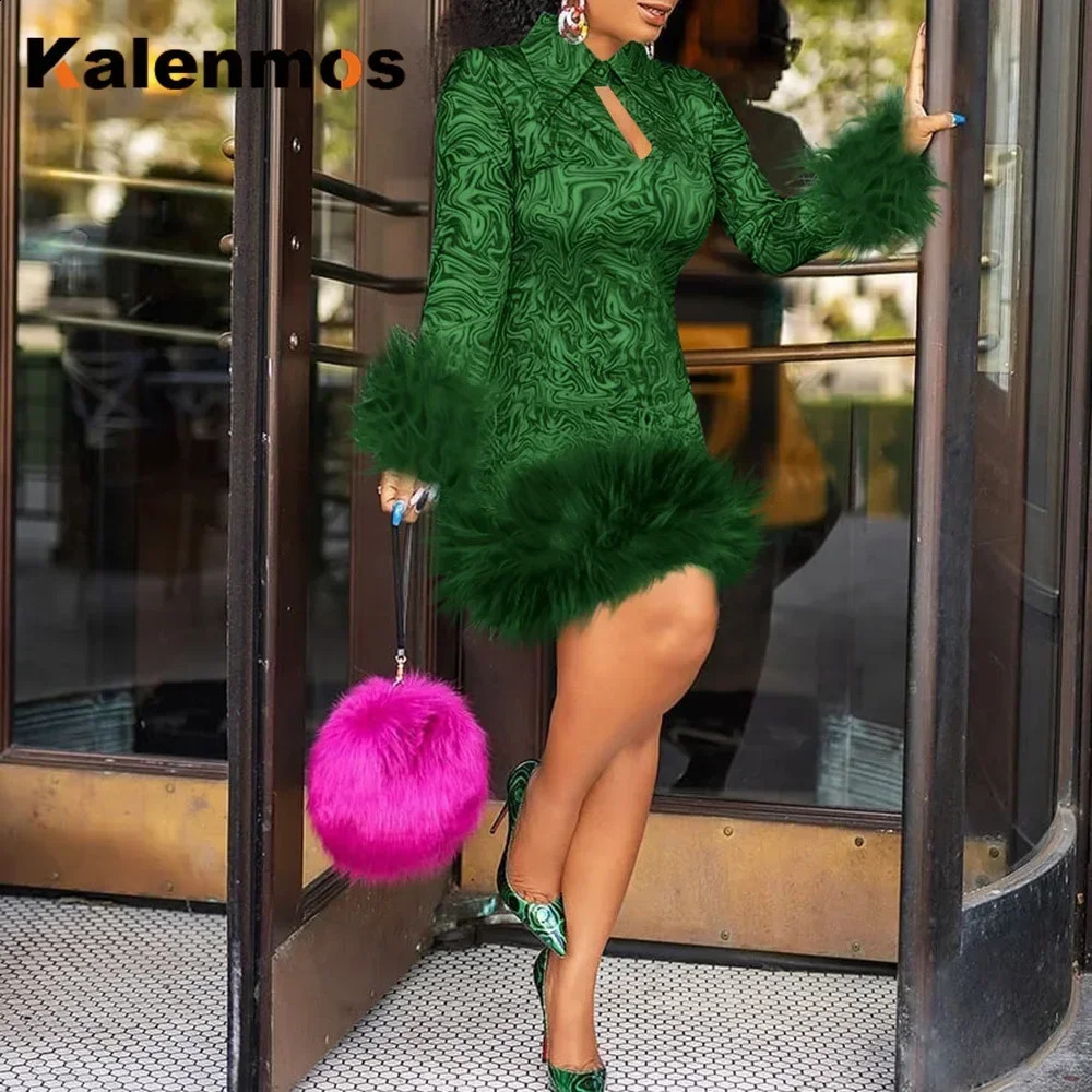 Vintage Mini Dress Women African Spring Feather Fall Sexy Bandage Long Sleeve Africa Bodycon Party Vestidos Birthday Streetwear 251020