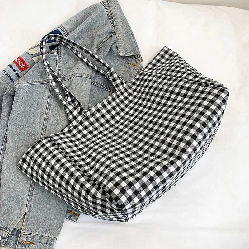 Large Capacity Plaid Womens Canvas Shoulder Bags Simple Commuter Female Shopping Bag College Girls Book Tote Travel HandbagsL251023