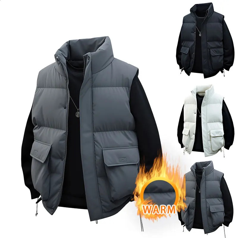 Winter Warmth Vest Solid Color Mens Stand Collar Sleeveless Casual Cargo Thermal Male Thickened Jacket 251023