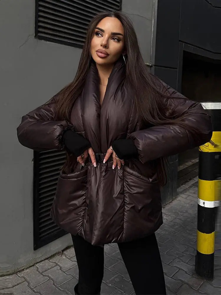 Elegant Belt Cotton Coat Women Solid Vneck Long Sleeve Pocket Thicken Jacket Female Winter Warm Chic Lace Up Lady Outwears 251021