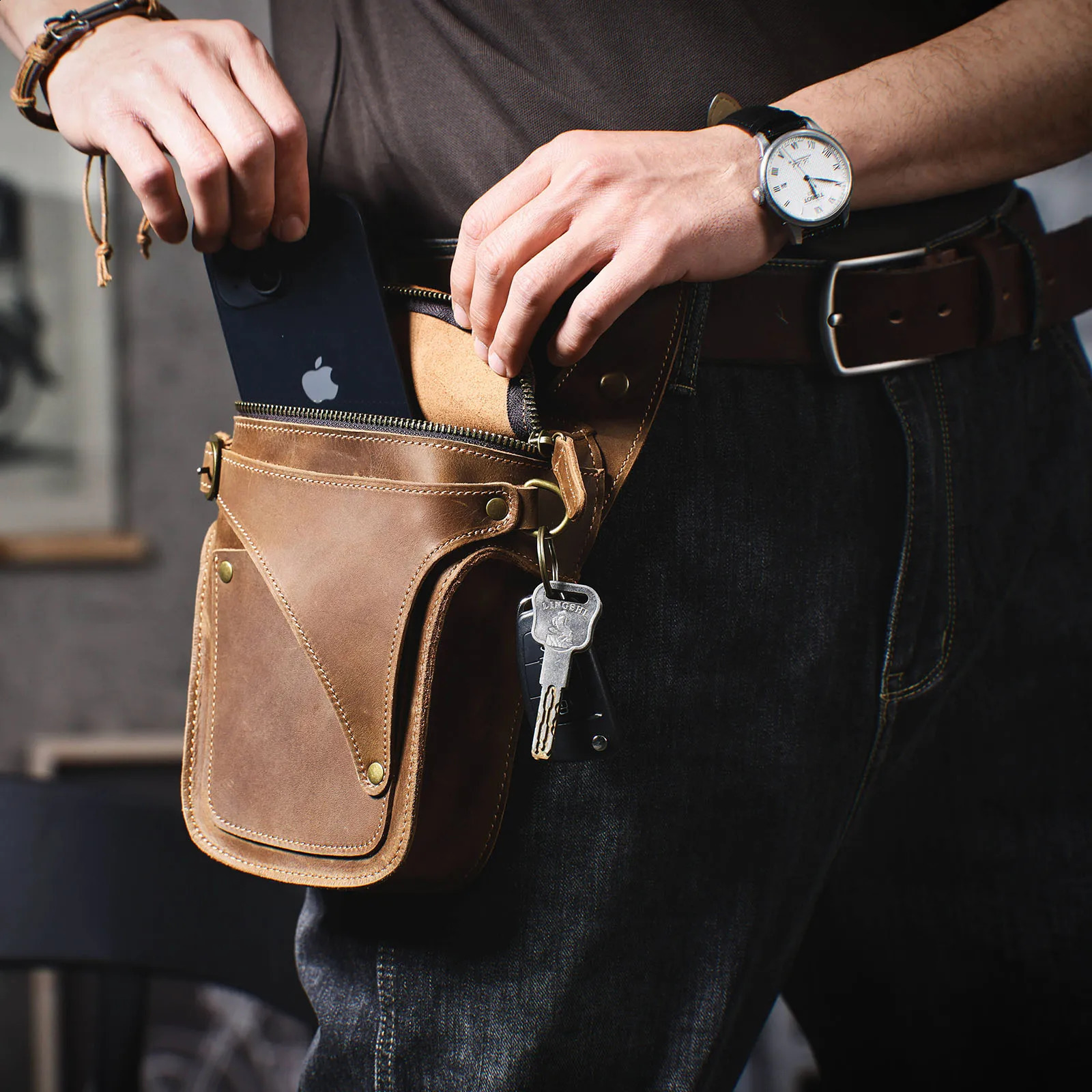Mens Vintage Genuine Leather Waist Bag Casual Mobile Phone Bag Top Layer Cowhide Outdoor Cellphone Holster Crazy Horse Leather251023
