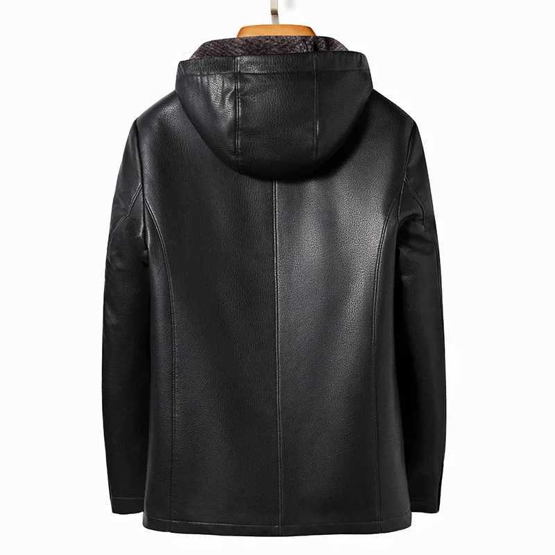 High Quality Middleaged Men Winter Leather Coat Thick Leather Detachable Hooded Jacket Warm Fleece Biker Jacket Men PU022 W251023