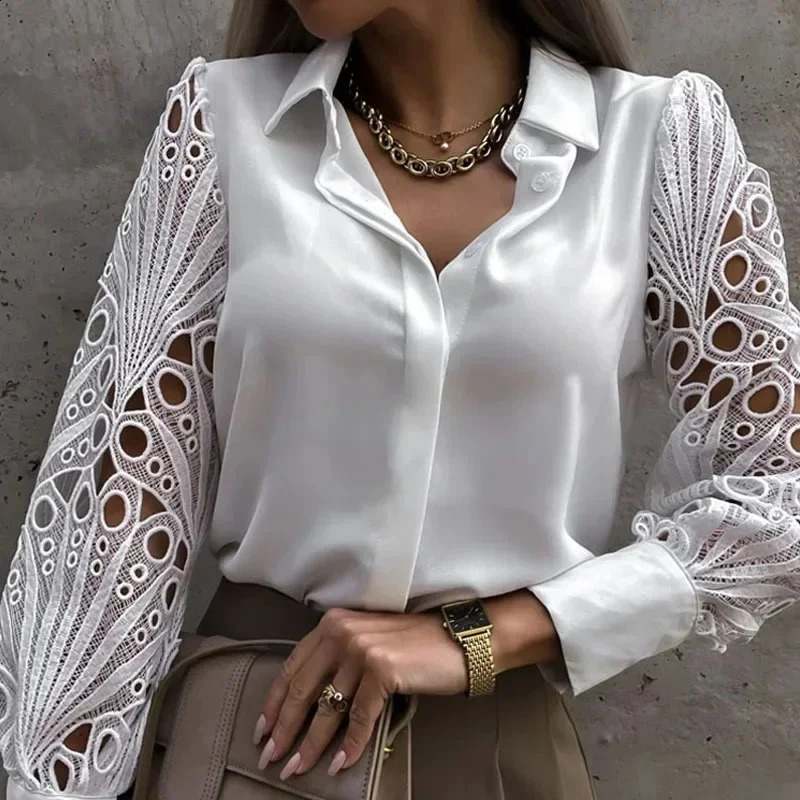 Womens Blouse White blank Elegant Vneck Lace Sleeve Cutout Patchwork Office Black Shirt For Female 251022