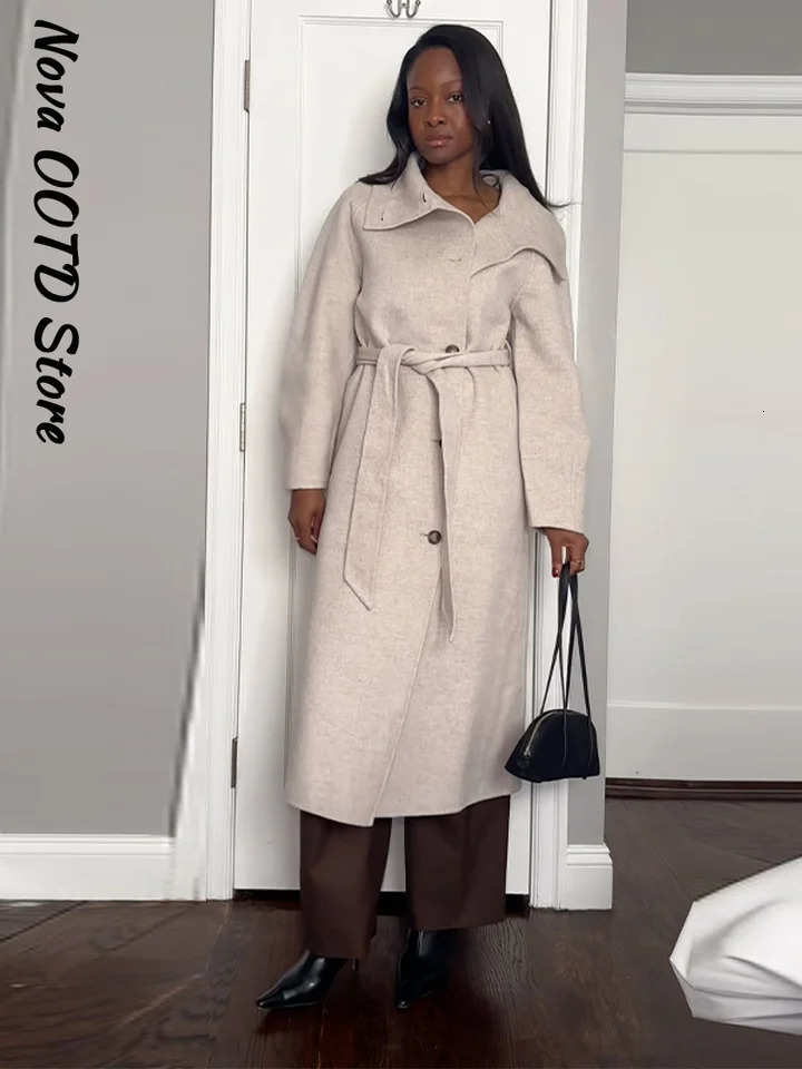 Elegant Solid Lace Up Long Woolen Coat Women Stand Collar Single Breasted Retro Coats Autumn Winter Lady Allmatch Outwears 251020