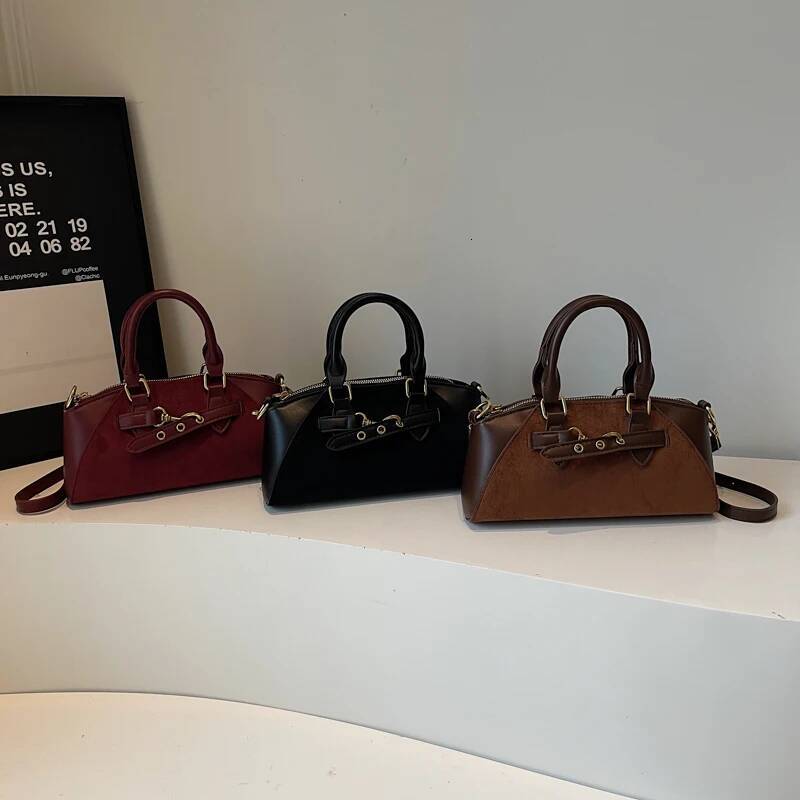 Autumn and Winter New Pu Leather Designer Bag Retro Style Trendy Luxury Handbag Suede Bowling Bag Fashion Large Capacity Fashionable Stick Bag