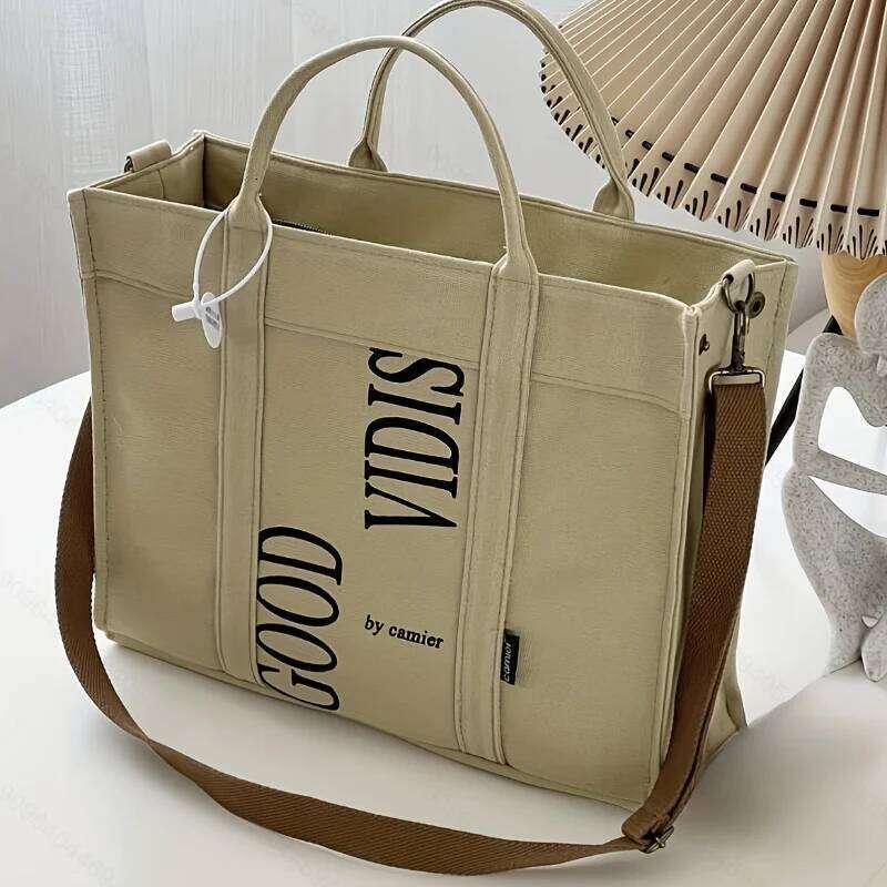 Letter Print Canvas Tote Comfortable Wide Strap Shoulder Bag, Literary Versatile Handbag Purse For School, Travel, Shopping