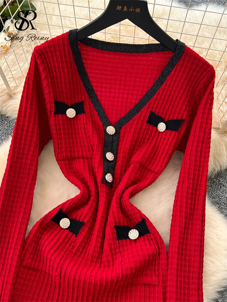 SINGREINY Chic Color Block Midi Dress Women V Neck Buttons Elastic Skinny n High Quality Knitting Sweater Ruffles 251022