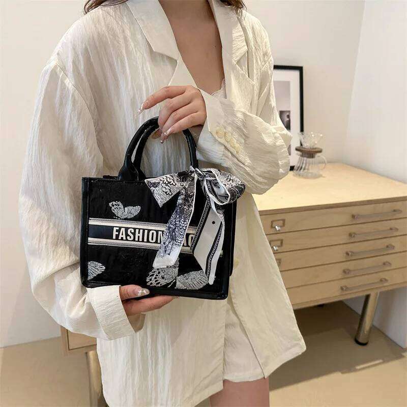 Chic Embroidered Letter Handbag Women Casual Fashionable Versatile Silk Scarf Bow Handbags Shoulder Bag. Everyday Tote Bag Purse