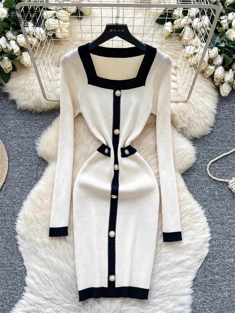 SINGREINY French Knitted Dress Ladies Color Block Long Sleeve Pearl Button n Square Collar Autumn Women Bodycon Chic 251022
