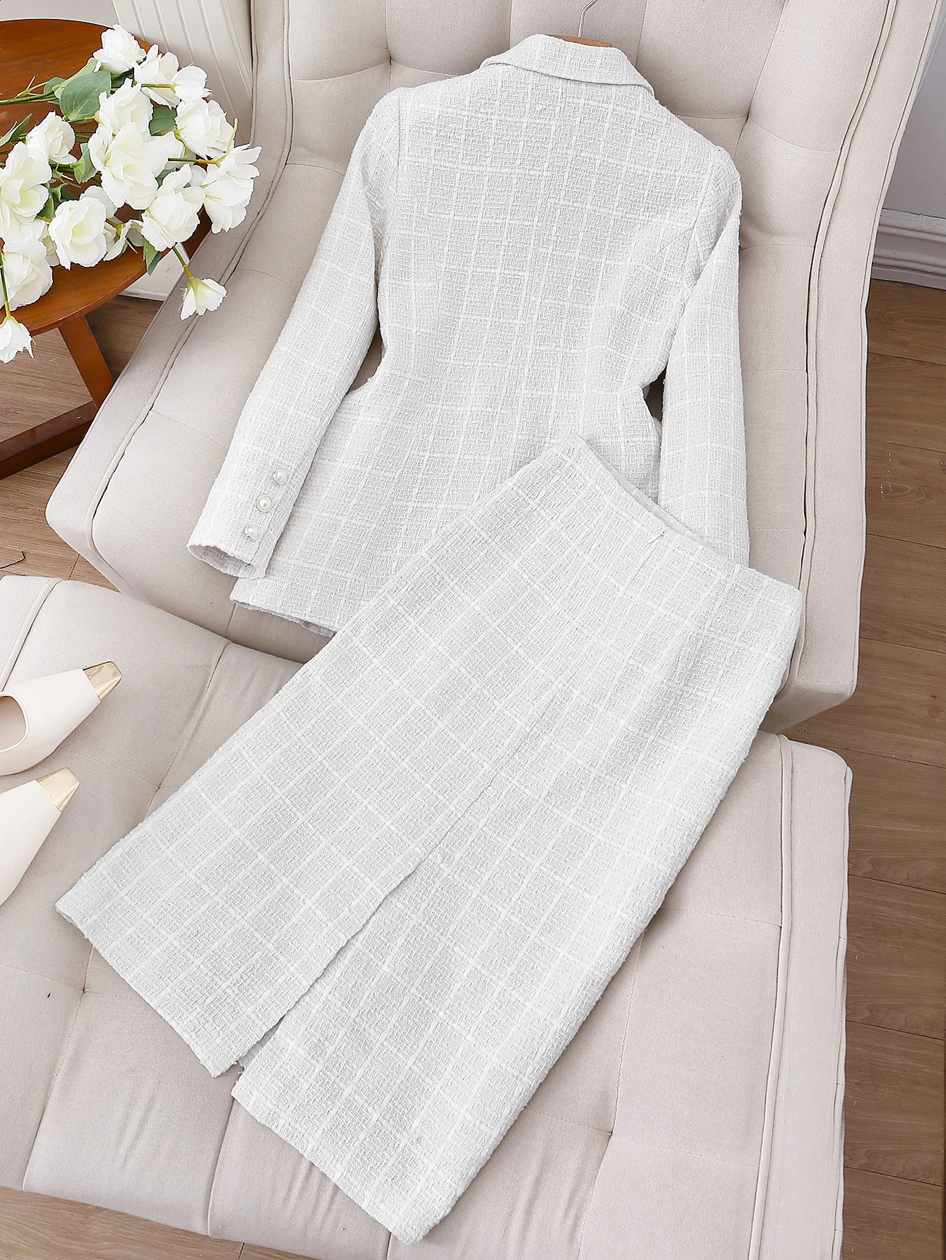 Fashionable and elegant urban regular fit lapel collar long sleeves solid color jacket suit skirt set belt n 251022