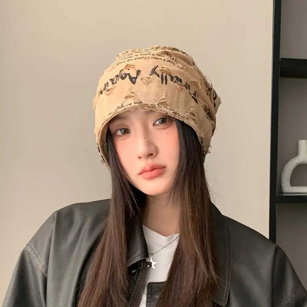 Fashion Hip Hop Letter Print Beanie Hats For Women Men Vintage Thin Bonnet Distressed Cracked Wasteland Style Casual HatsXJ251023