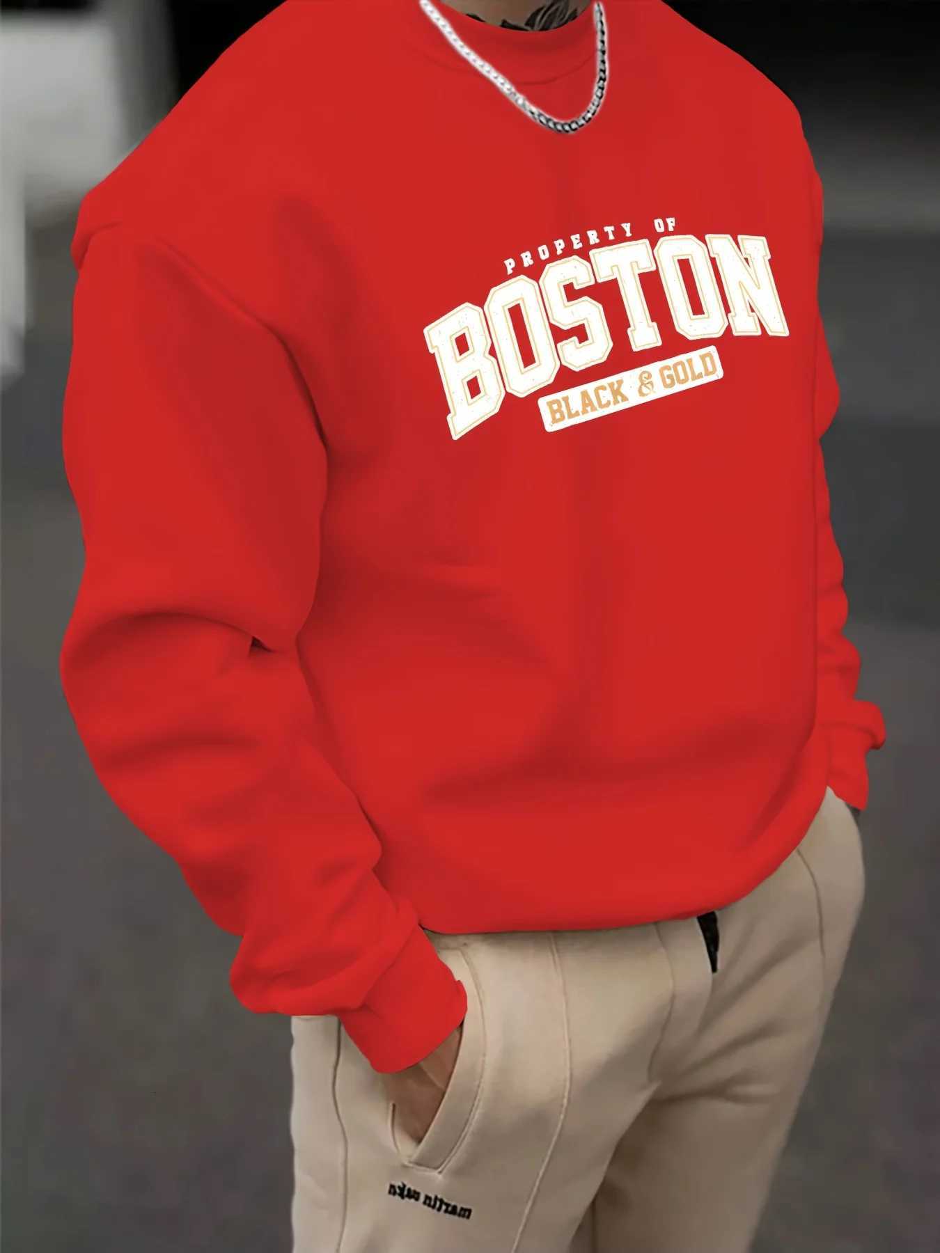 Mens autumn and winter fashionable casual loose Boston black golden letter graphic fleece long sleeved round neck sweatshirtT251023