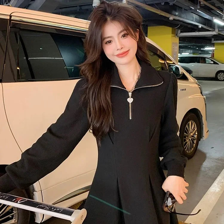 Fashionable Long Sleeve Fleece Lined Slimming Thickened Winter Dress Empire Waist Maxi Skirt for Women Elegant Turndown Collar 251022