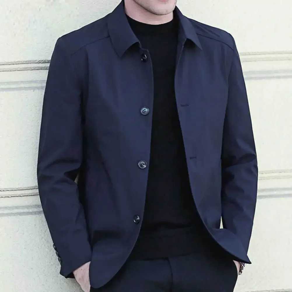Men Outerwear Elegant Mens Mid Length Business Coat with Turndown Collar Singlebreasted Design for Fall Spring Seasons Men W251023