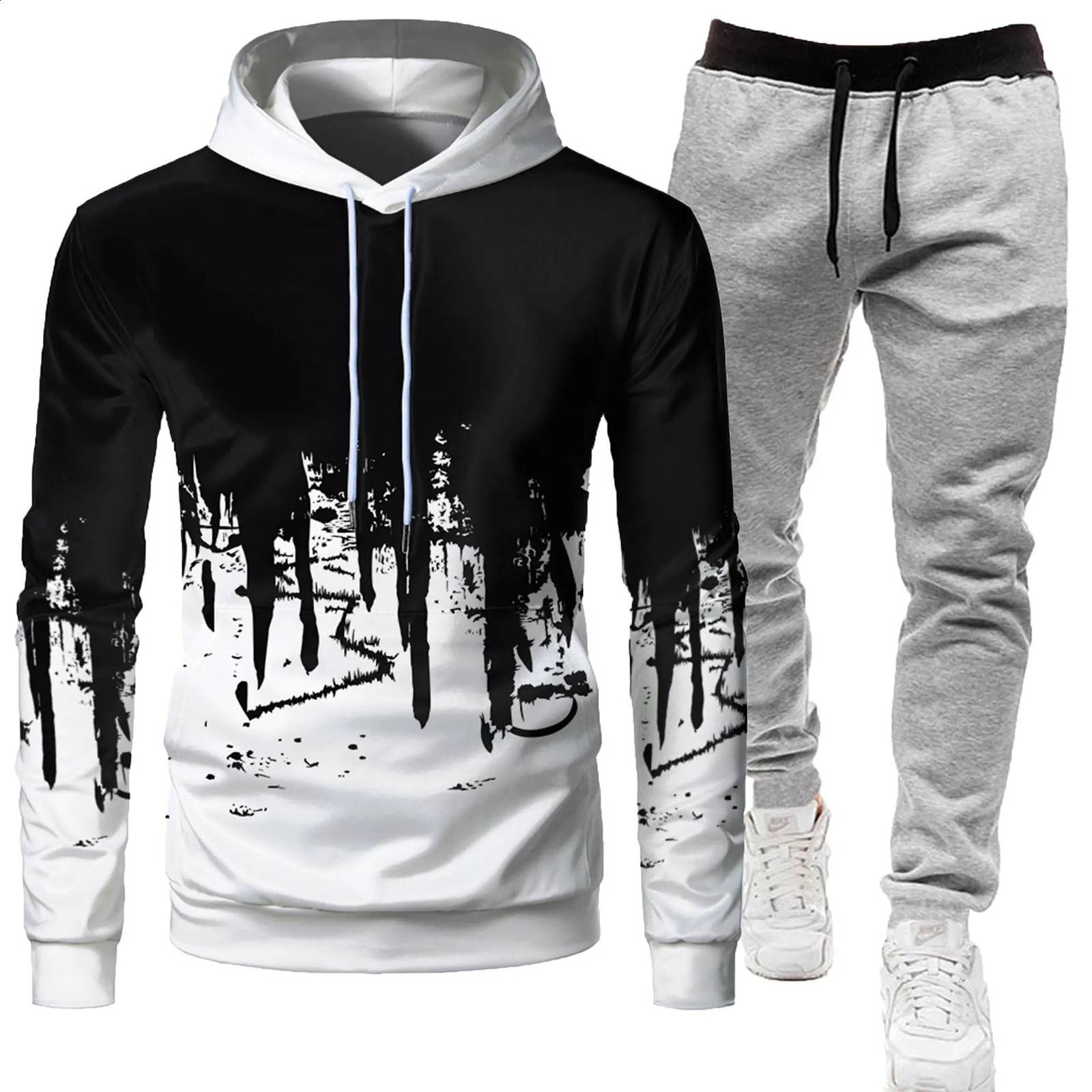 Autumn and winter mens hoodie long pants twopiece set zipper hooded jacket graffiti printed sports trend fashion casual 251023