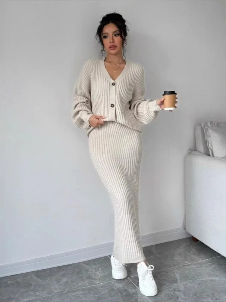 Womens Loose Cardigan Twopiece Set Long Sleeve Vneck Sweater Coat And Package Hip Skirt Autumn Winter Elegant Knitted Suit 251022