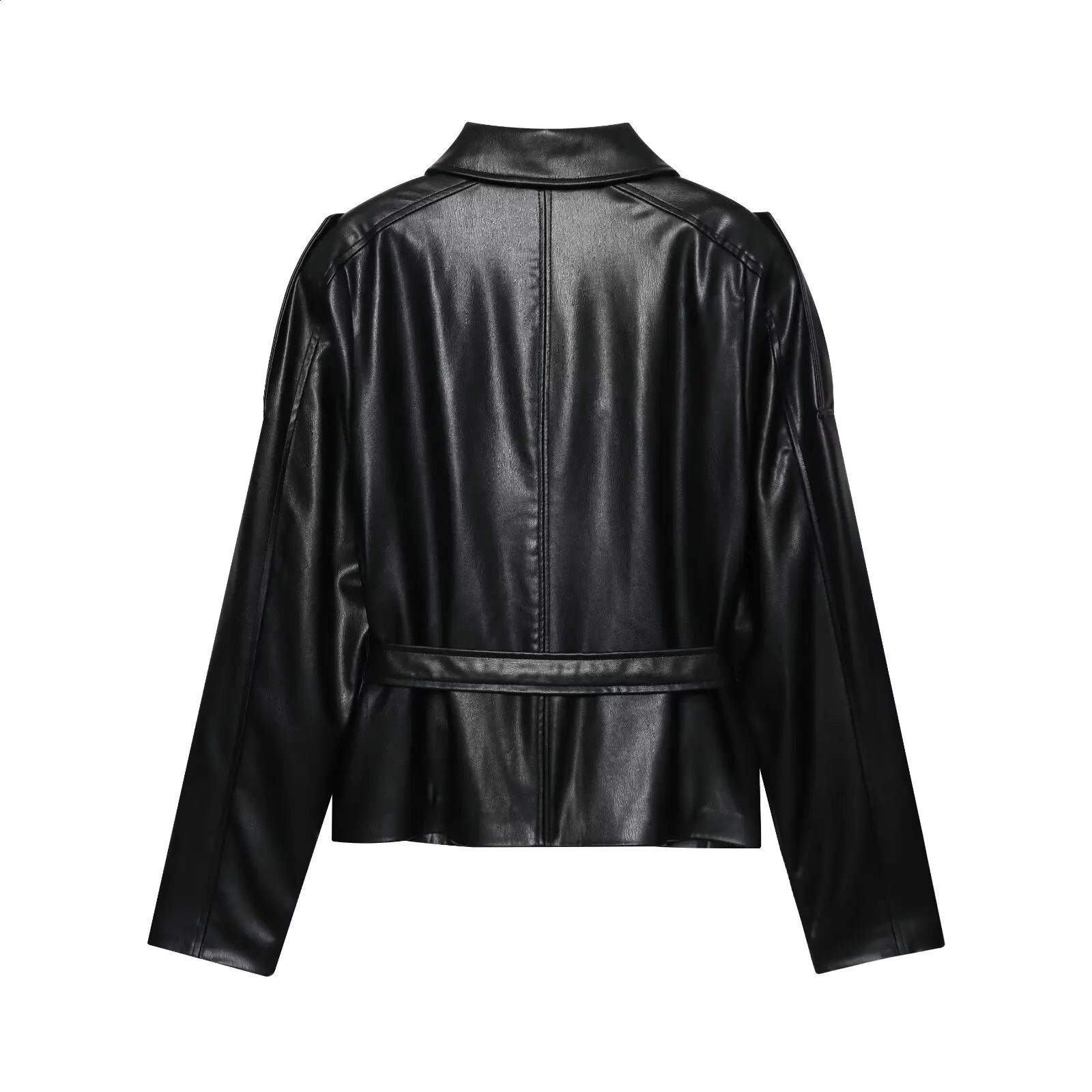 DiYiG WOMAN Autumn Fashion Leather Effect Jacket Retro Long Sleeve Joker Belt Outerwear Mujer 251017