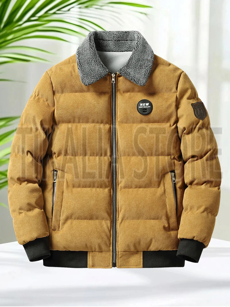 Mens Corduroy Sherpa Lined Jacket Cotton Padded Winter Coat with Fleece Collar Yellow Thick Insulated Parka for Cold Weather 251015