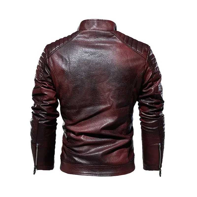 Mens Stand Collar Leather Jacket Winter Fleece Motorcycle Faux Leather Windbreaker Jacket Removable Fur Collar Slim Biker Coat W251023