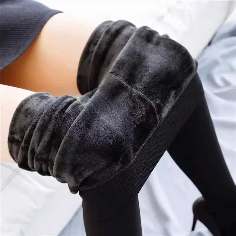 Women Winter Leggings Warm Pantyhose High Waist Solid Color Velvet Thermal Thickened Velvet Leggings Stretchy Black Skin LeggingT251023
