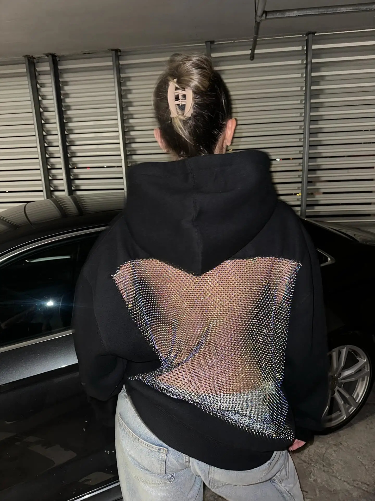 Women Black Hoodie Open Back Mesh Cutout Edgy Streetwear Casual Party Night Comfortable Relaxed Fit Fashion Trendy Chic Top 251022