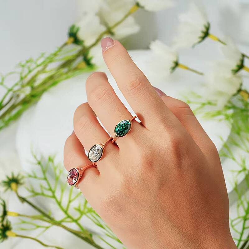 Starsgem Top Selling 14K Solid Yellow Gold Bezel Set WestEast Oval Moissanite Pink Sapphire Gemstone Engagement Rings