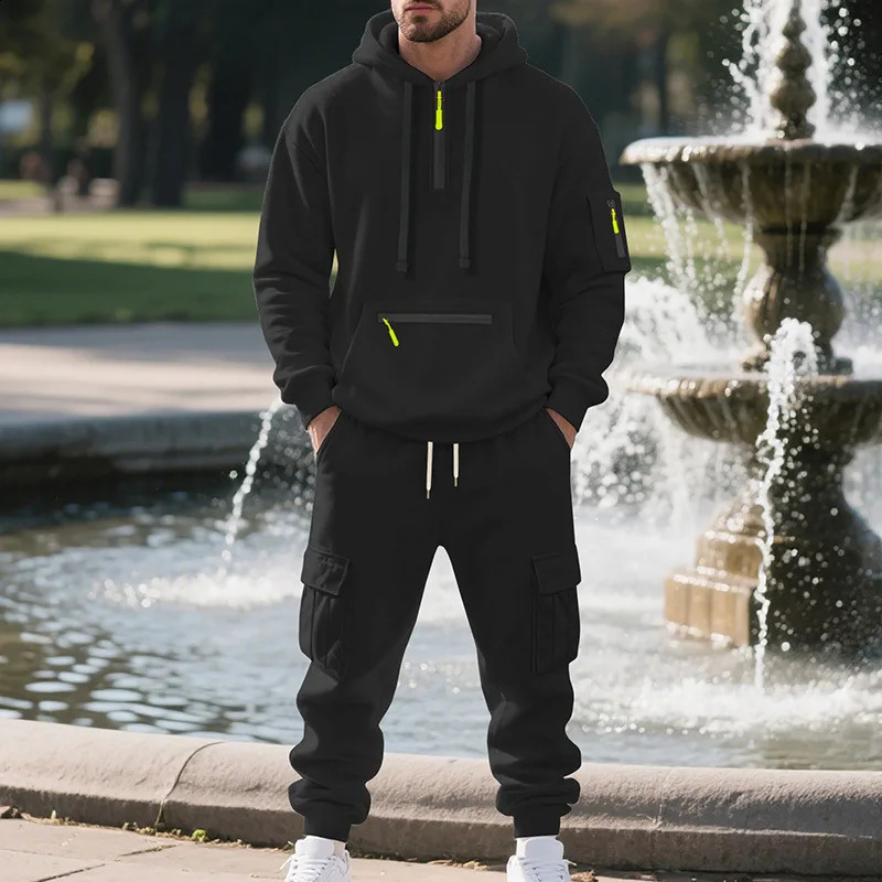 Mens Winter 2 Piece Set Fleece Hoodie and Cargo Joggers Outfit for Cold Weather Workout Streetwear 251023