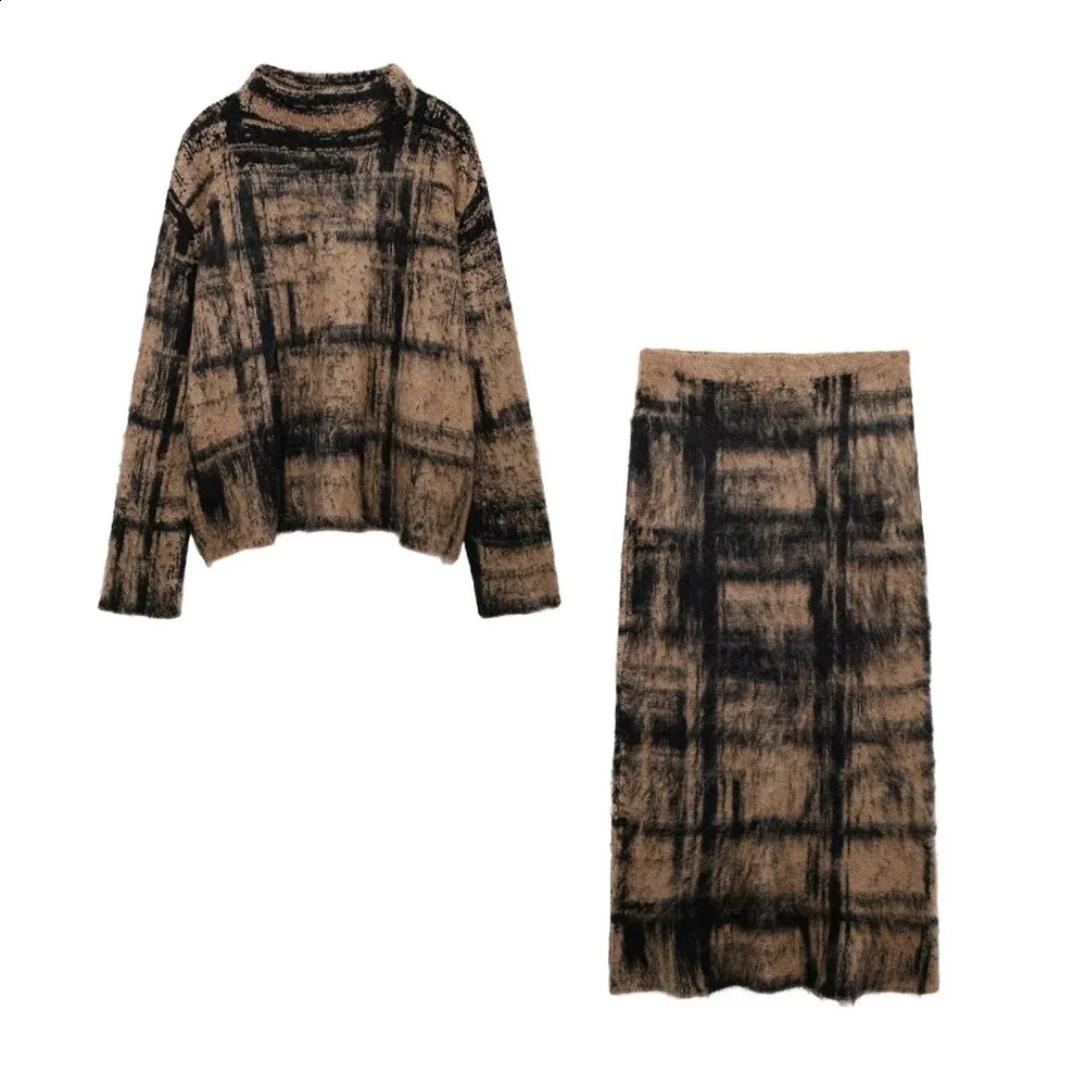 UNIZERA plaid round neck long sleeved jacquard knitted sweater high waisted skirt autumn and winter womens set 251022