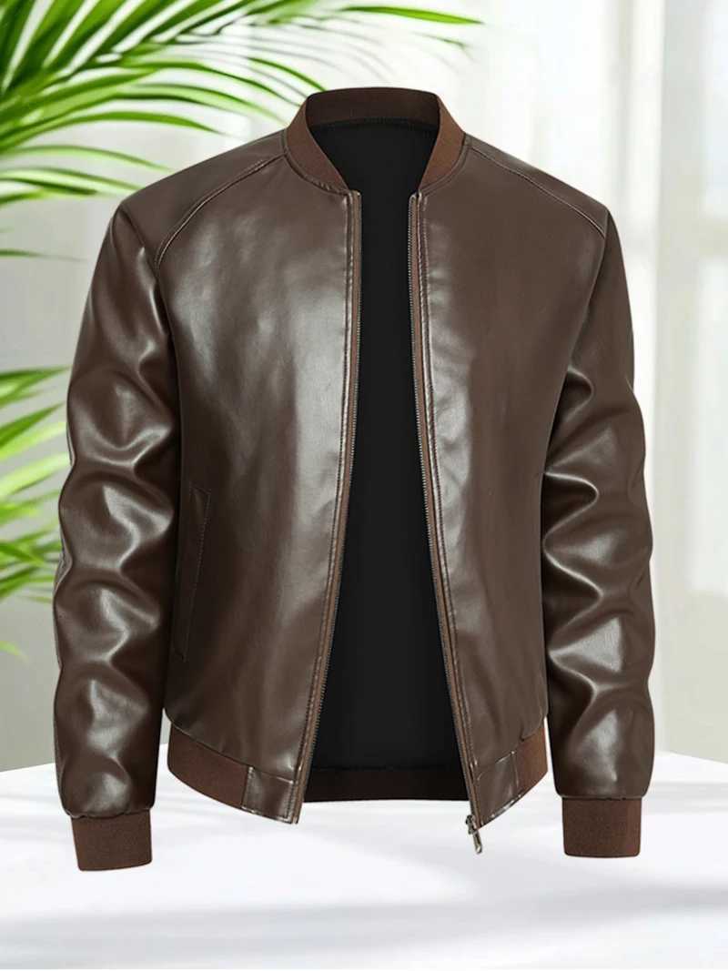 Mens Coffee PU Leather Jacket Faux Leather Bomber Coat Casual Slim Fit Lightweight Motorcycle Biker Outerwear for Autumn W251023