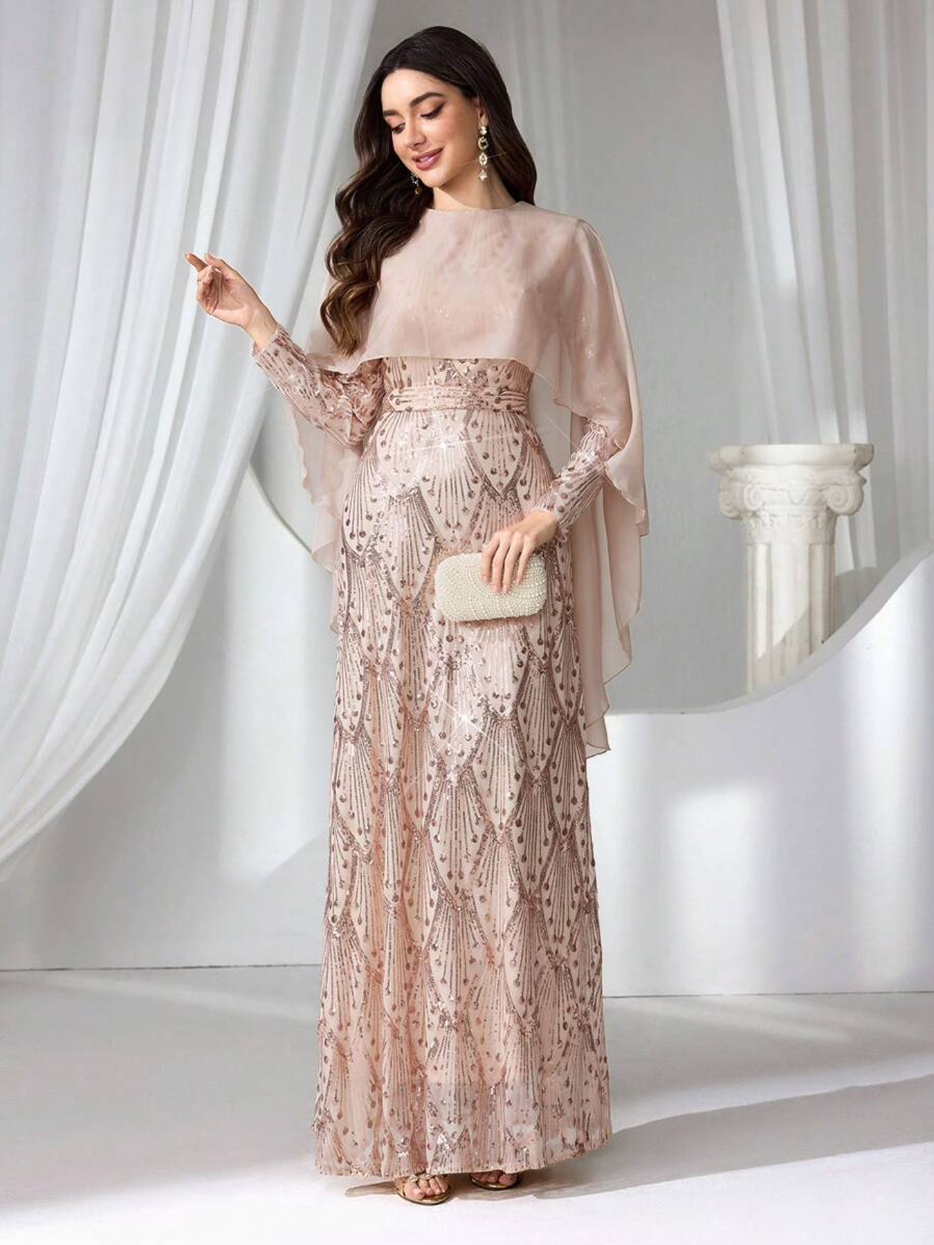 Women's Mememe Brand Sequin Evening Dress with Cape Design, Embroidered Pattern Elegant Formal Gown (S-XL, Champagne)-D350